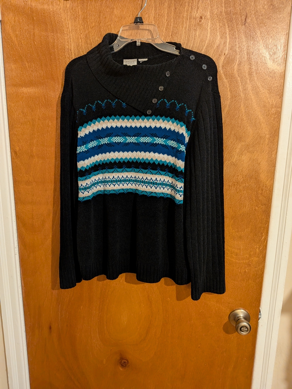 Erika Black Sweater with Blue and White Fair Isle Panel